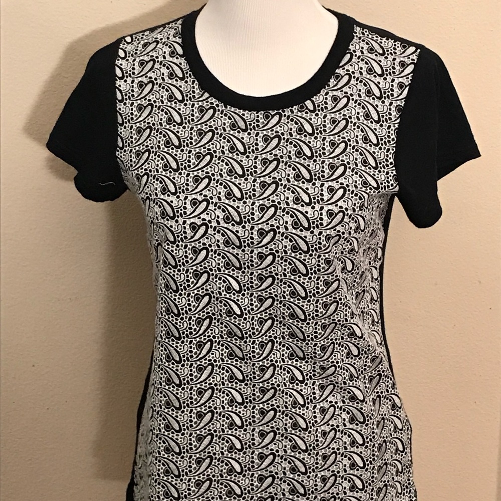 JCrew Shirt Size S Black/White Short Sleeve Embroidered Paisley Design